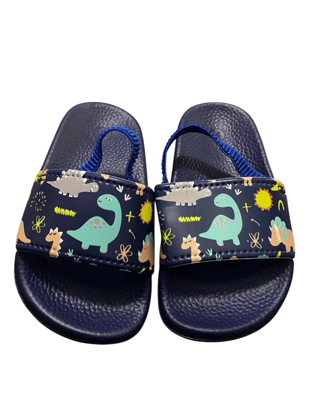 Source Unknown Navy Kids Dino Slide Sandals with Turquoise and Yellow Accents